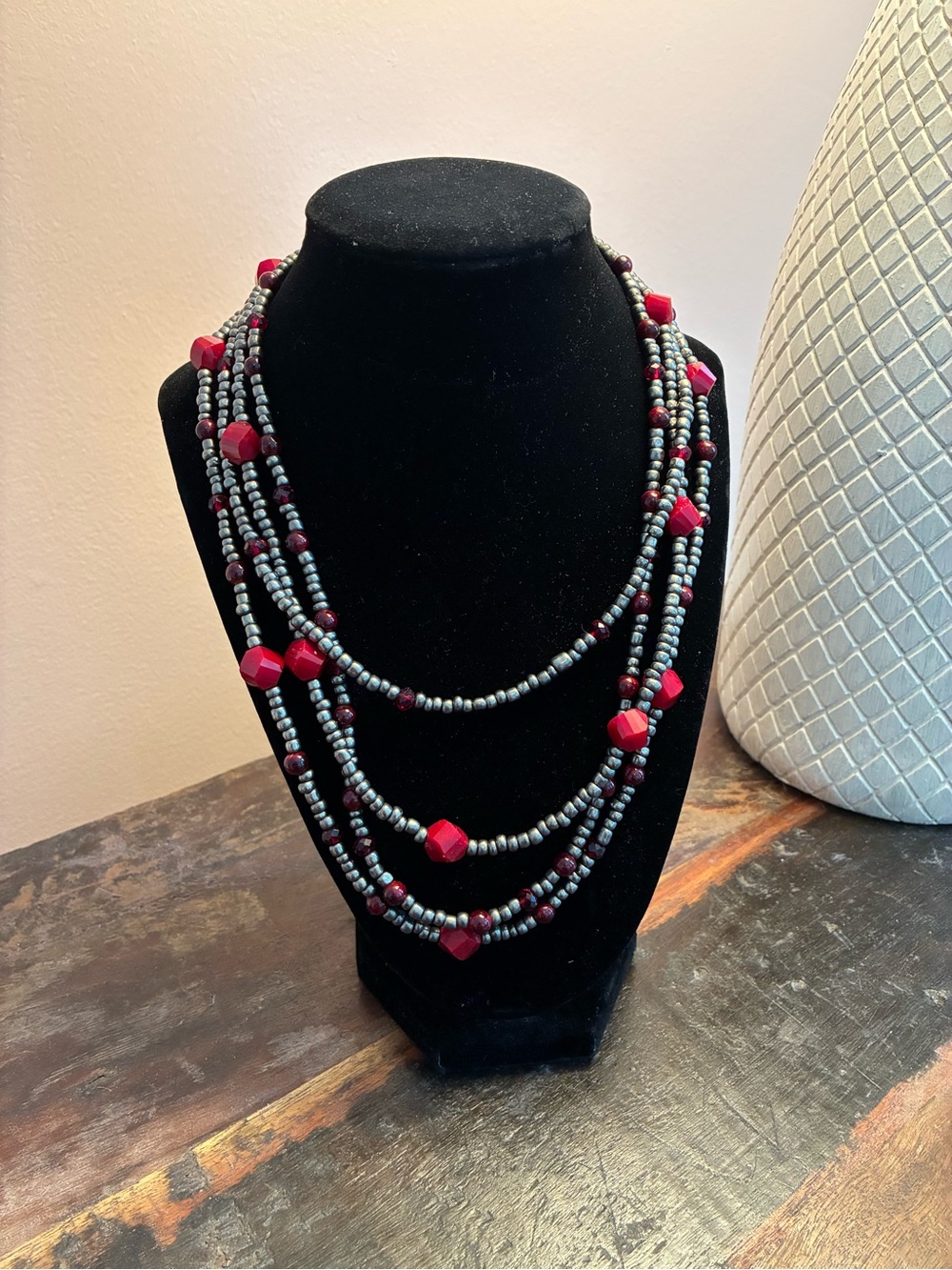 Multi-Strand Red and Black Beaded Necklace
